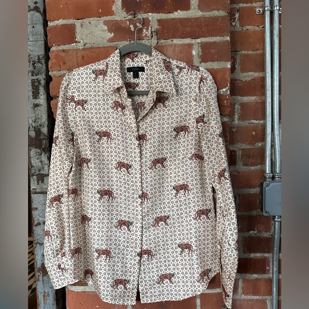 J. Crew Cream and Brown Tiger Print Shirt - 100% Silk